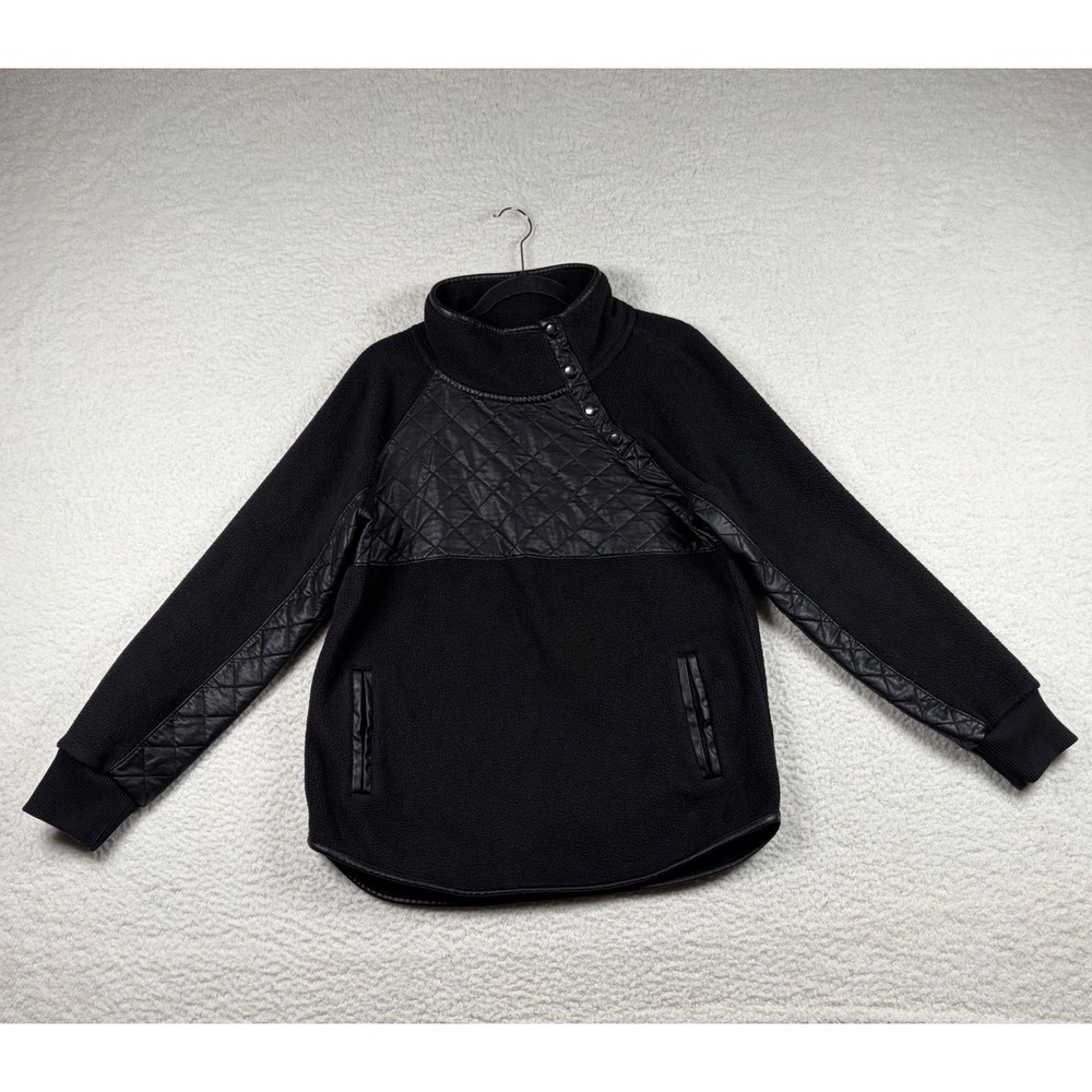 Abercrombie & Fitch Fleece Pullover Women Quilted Faux Leather Trim M Black Moto